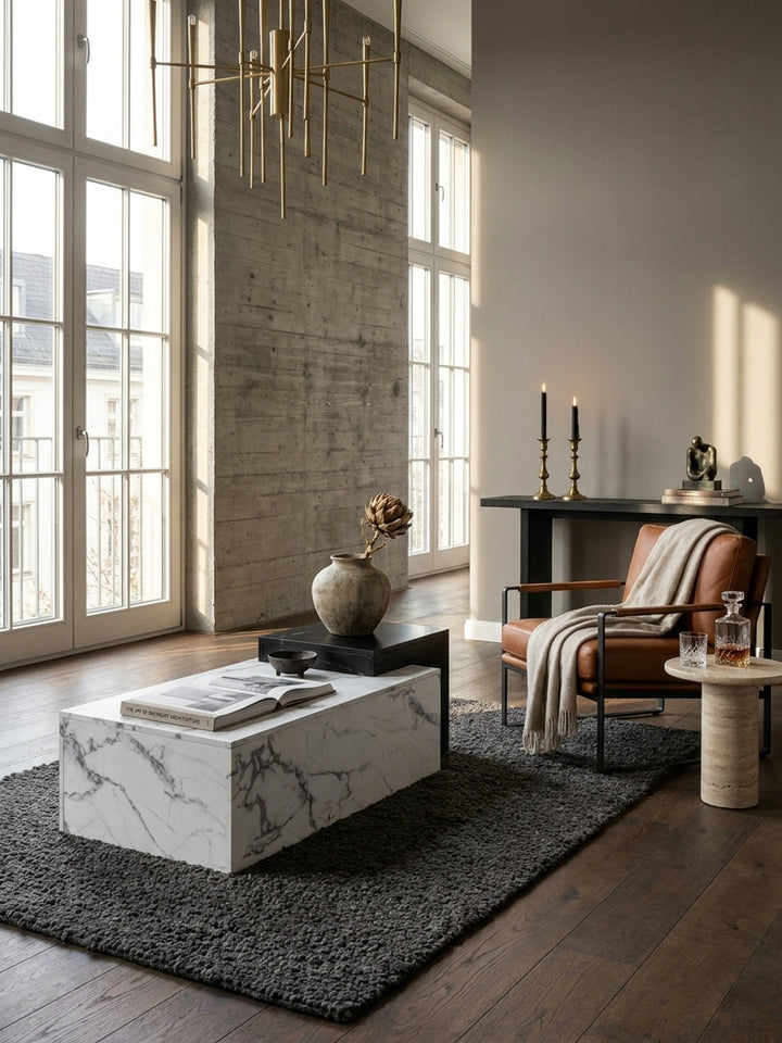 Moderner Couchtisch in weißer und schwarzer Marmor-Optik im Zentrum eines luxuriösen Wohnzimmers mit Betonelementen und einem großen Leinensofa._