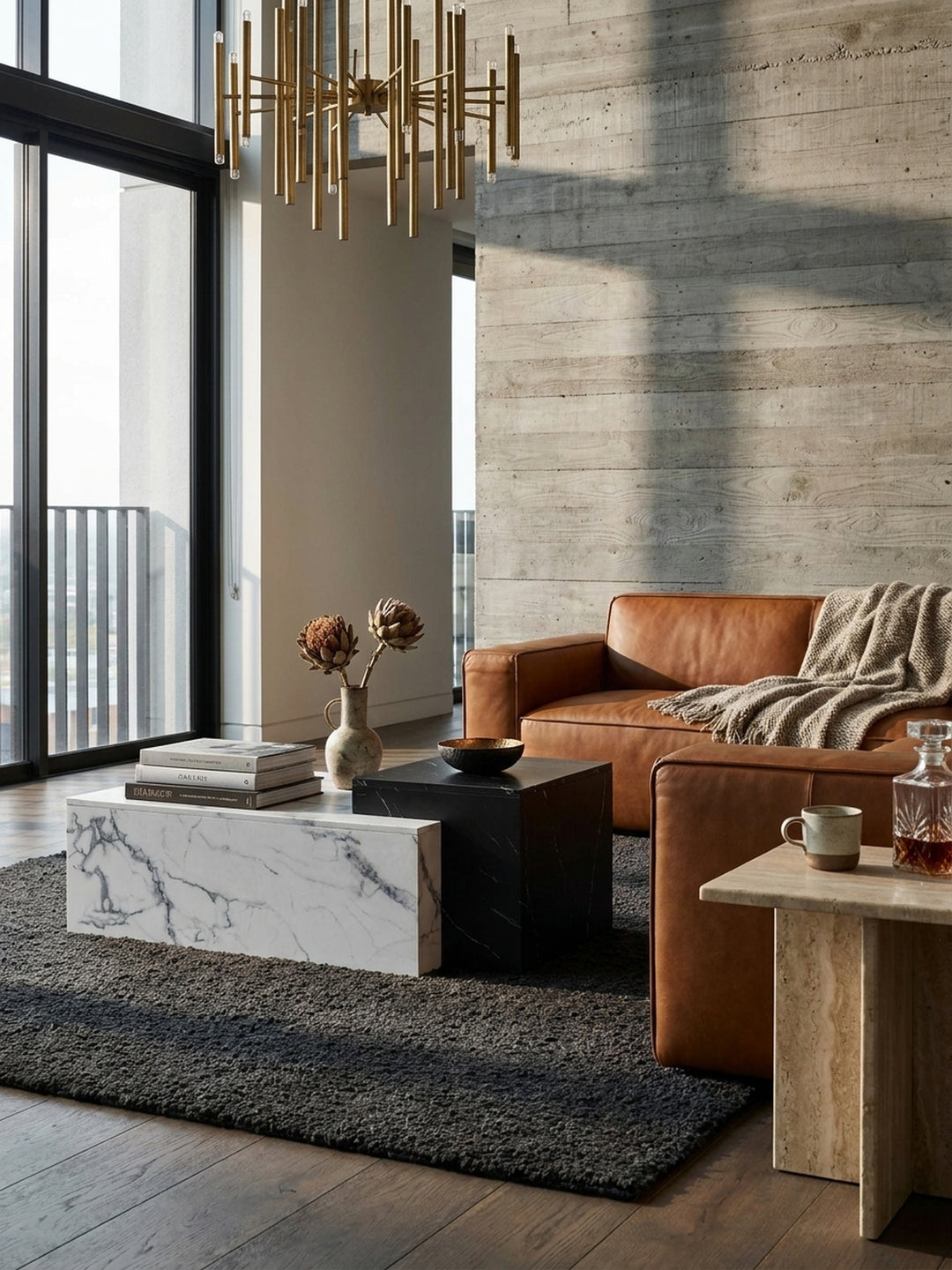 Der rechteckige Couchtisch in Schwarz-Weiß harmoniert mit einem beigefarbenen Bouclé-Sofa und einem grob gewebten Teppich in einem modernen Interieur._