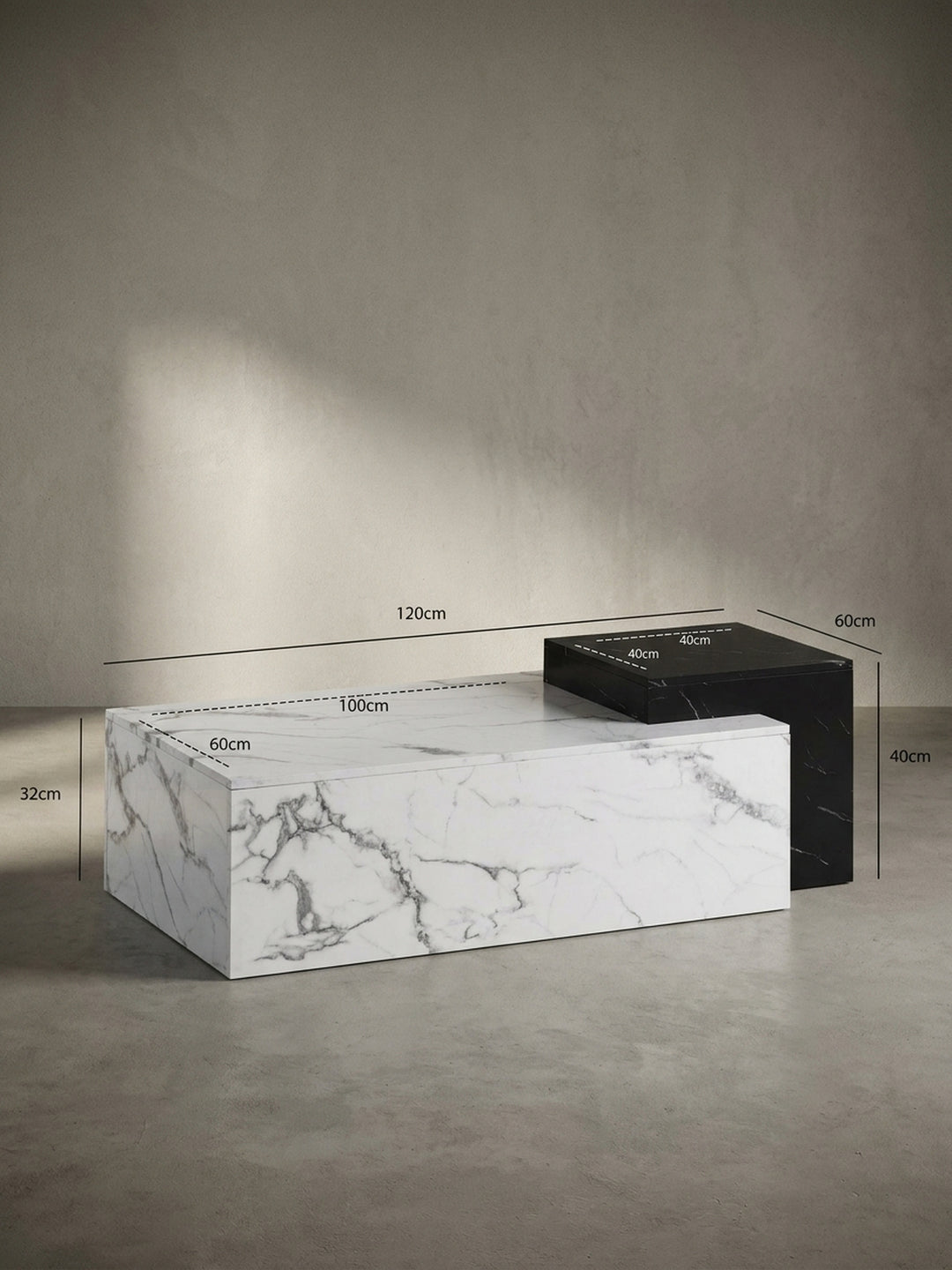 Technisches Maßbild des Couchtisches mit exakten Abmessungen (120x60x40 cm), das die Planung der Platzierung im Wohnzimmer erleichtert._