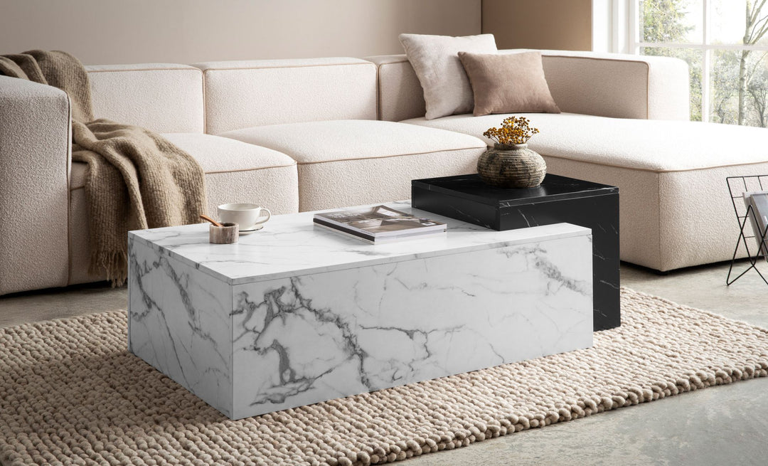 Couchtisch Weiß Schwarz Marmor-Optik Modern 120x60x40 cm Zwei Ebenen