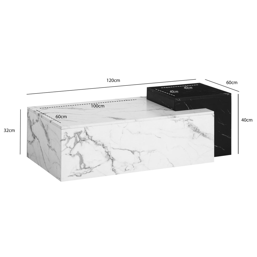 Couchtisch Weiß Schwarz Marmor-Optik Modern 120x60x40 cm Zwei Ebenen
