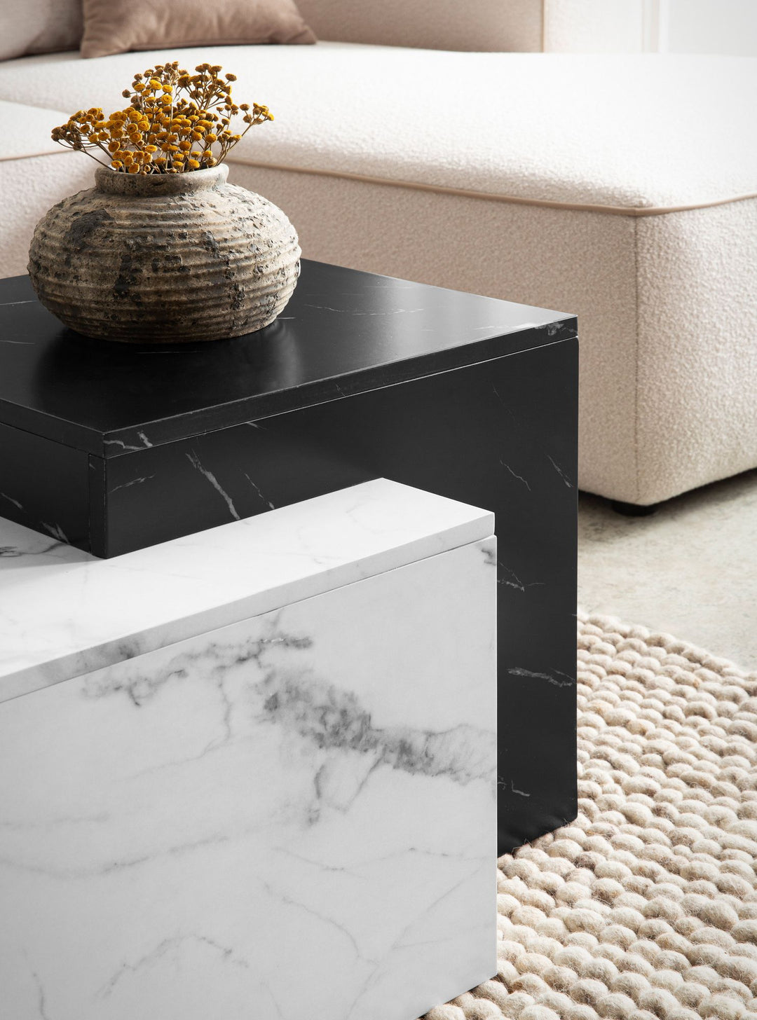 Couchtisch Weiß Schwarz Marmor-Optik Modern 120x60x40 cm Zwei Ebenen