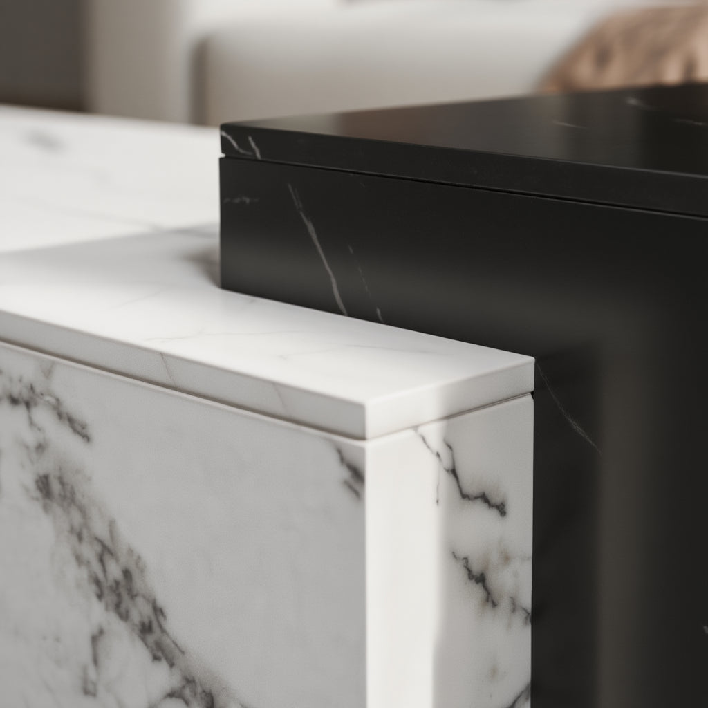 Detailaufnahme der weißen Tischplatte mit feiner grauer Maserung _