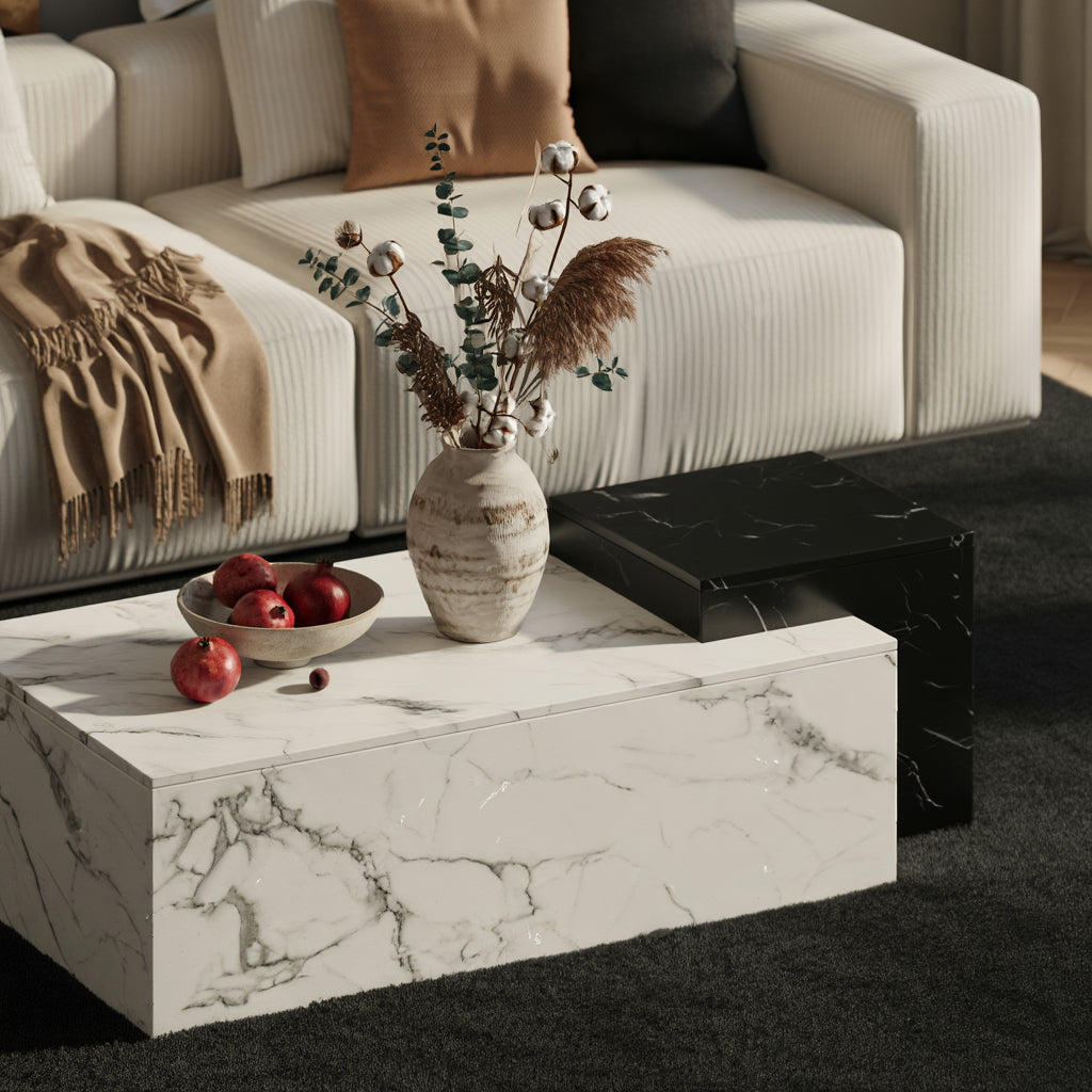 Rechteckiger Couchtisch 120x60x40 cm in Weiß und Schwarz mit Marmor-Optik _