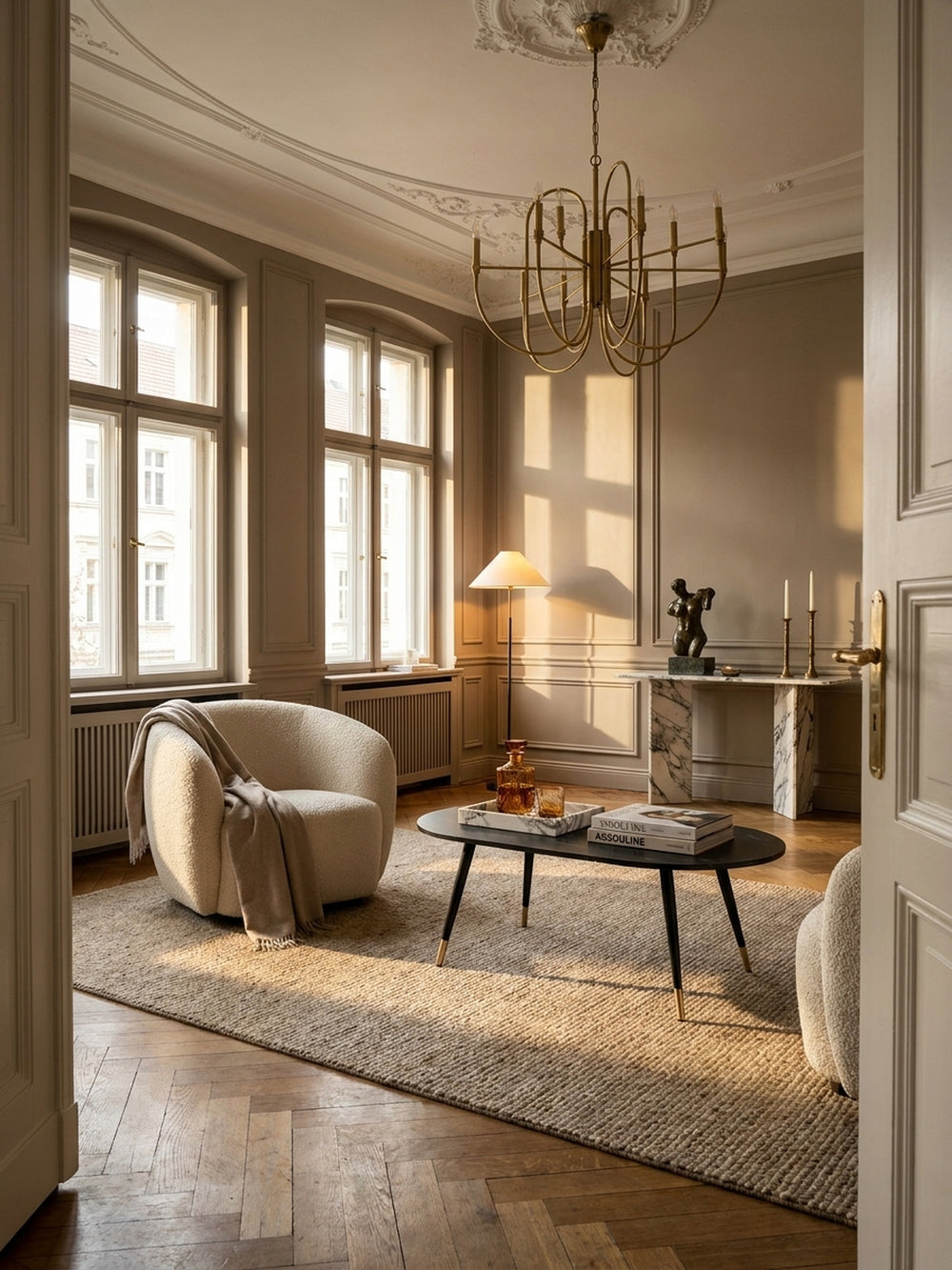 Eleganter ovaler Couchtisch in schwarzer Marmoroptik mit goldenen Beindetails im großzügigen Pariser Wohnzimmer auf warmem Fischgrätparkett._
