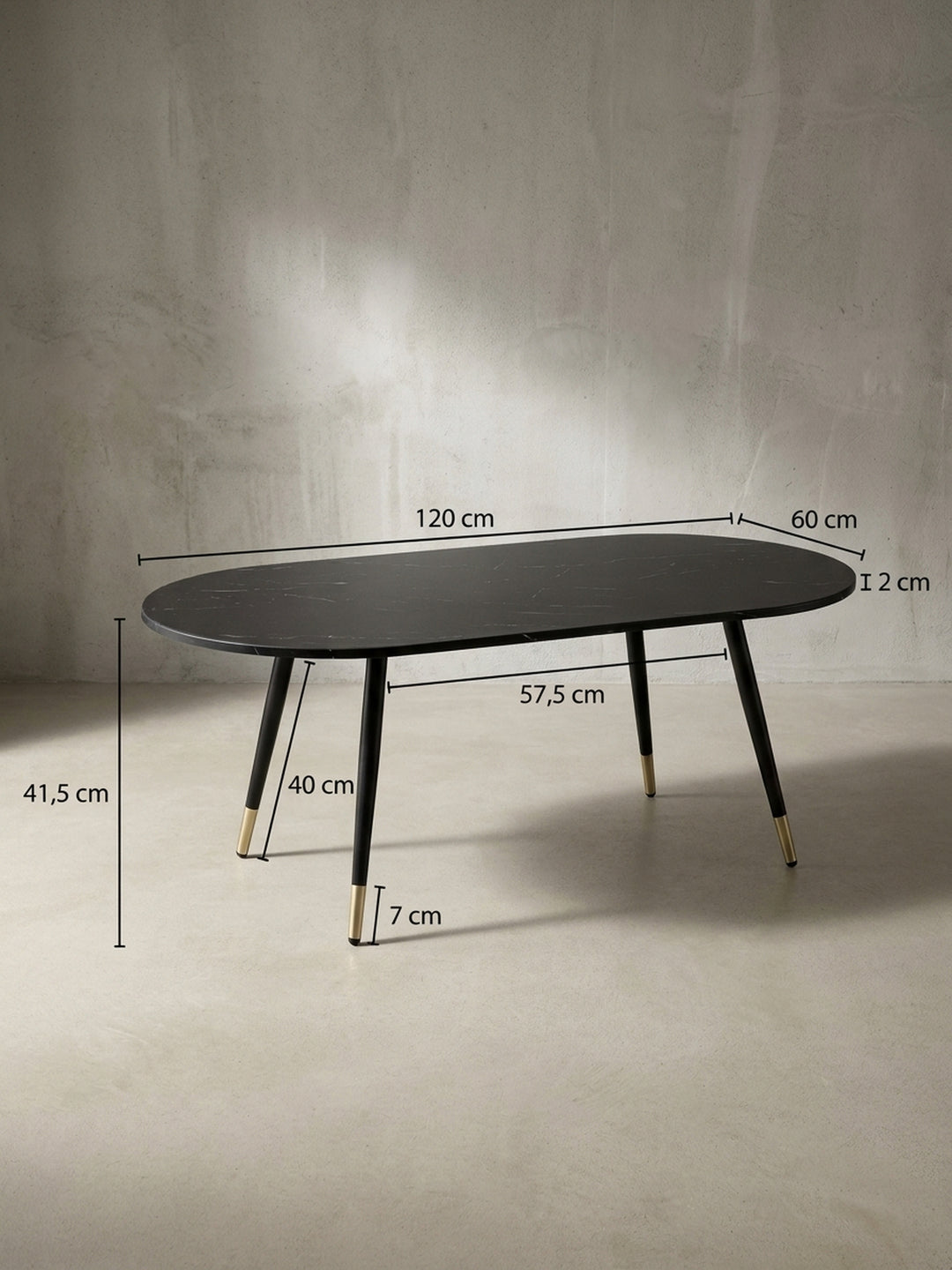 Technische Zeichnung des ovalen schwarzen Couchtisches mit exakten Maßangaben von 120 cm Länge und 41,5 cm Höhe für die präzise Raumplanung._