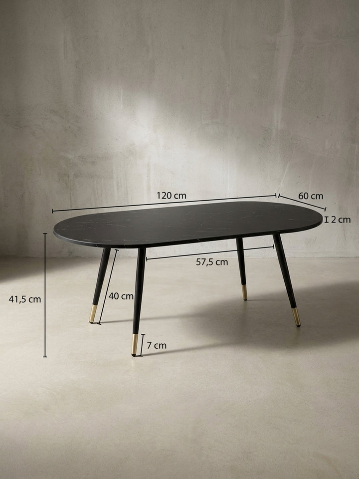 Technische Zeichnung des ovalen schwarzen Couchtisches mit exakten Maßangaben von 120 cm Länge und 41,5 cm Höhe für die präzise Raumplanung._