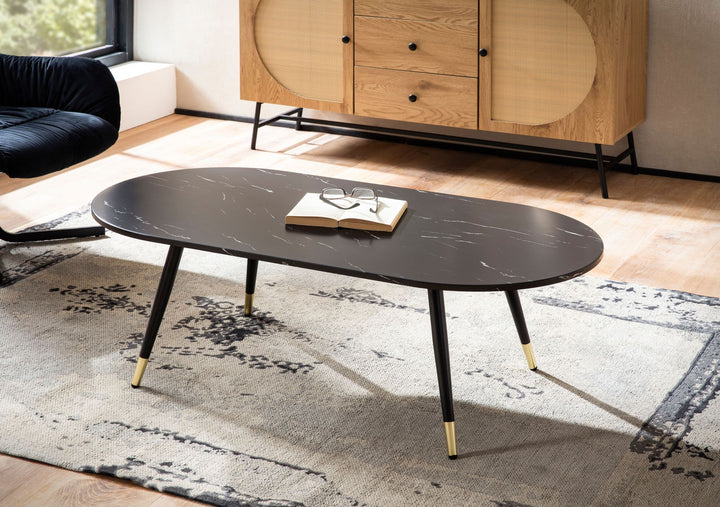 Couchtisch oval in Marmor-Optik – mit Metallgestell im modernen Design