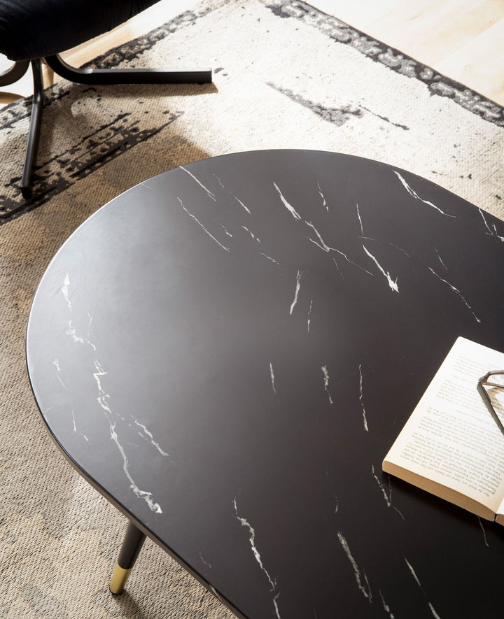Couchtisch oval in Marmor-Optik – mit Metallgestell im modernen Design