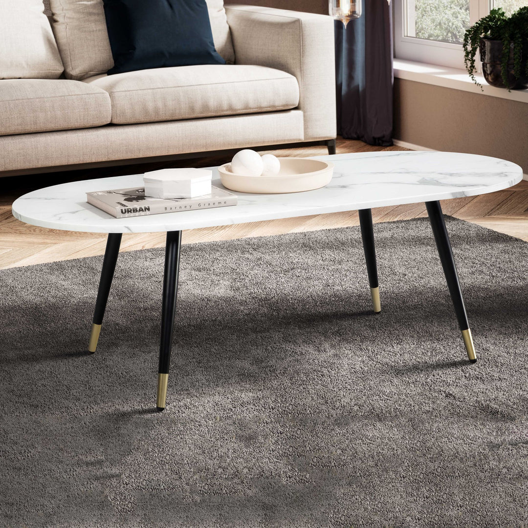 Couchtisch oval in Marmor-Optik – mit Metallgestell im modernen Design