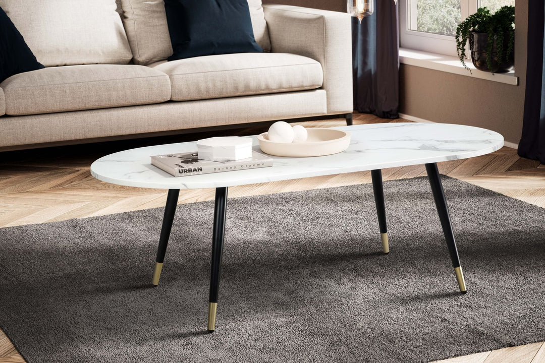 Couchtisch oval in Marmor-Optik – mit Metallgestell im modernen Design
