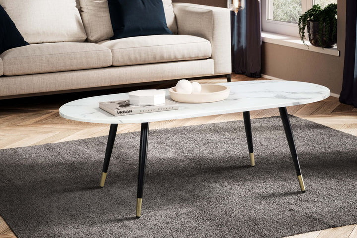 Couchtisch oval in Marmor-Optik – mit Metallgestell im modernen Design