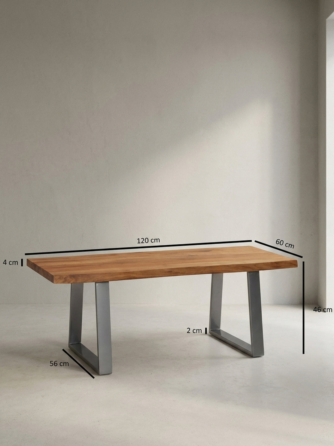 Technische Zeichnung des Akazien-Couchtisches mit Maßangaben von 120 cm Länge, 60 cm Breite und 46 cm Höhe zur genauen Raumplanung._