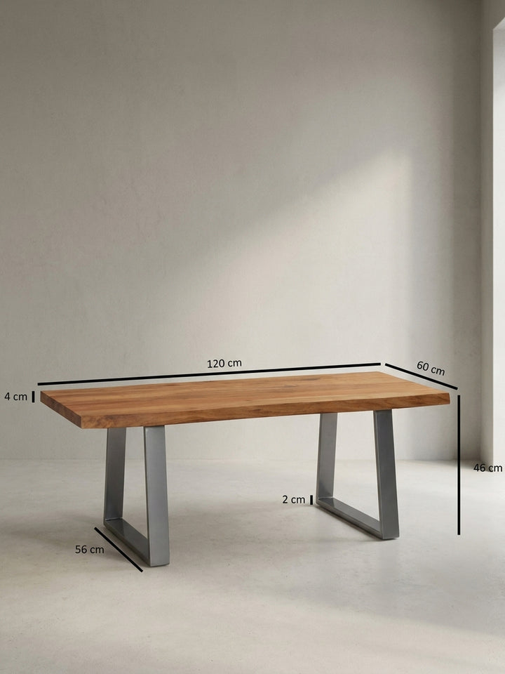 Technische Zeichnung des Akazien-Couchtisches mit Maßangaben von 120 cm Länge, 60 cm Breite und 46 cm Höhe zur genauen Raumplanung._