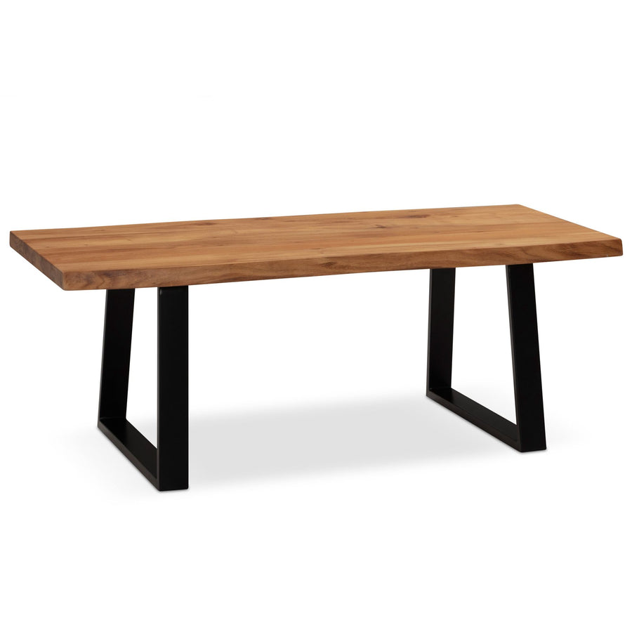 Couchtisch aus Akazie Massivholz mit Metall-Trapezbeinen und Baumkante im Design-Stil