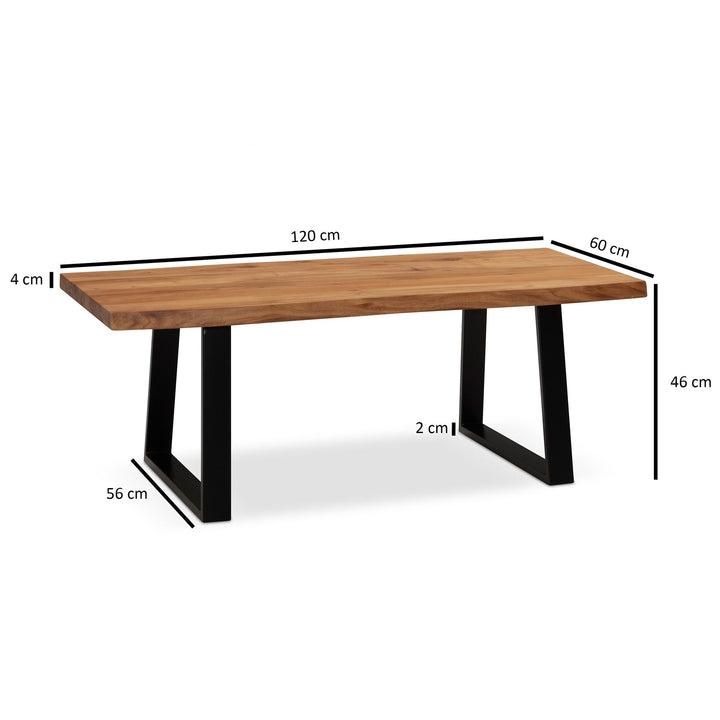 Couchtisch aus Akazie Massivholz mit Metall-Trapezbeinen und Baumkante im Design-Stil