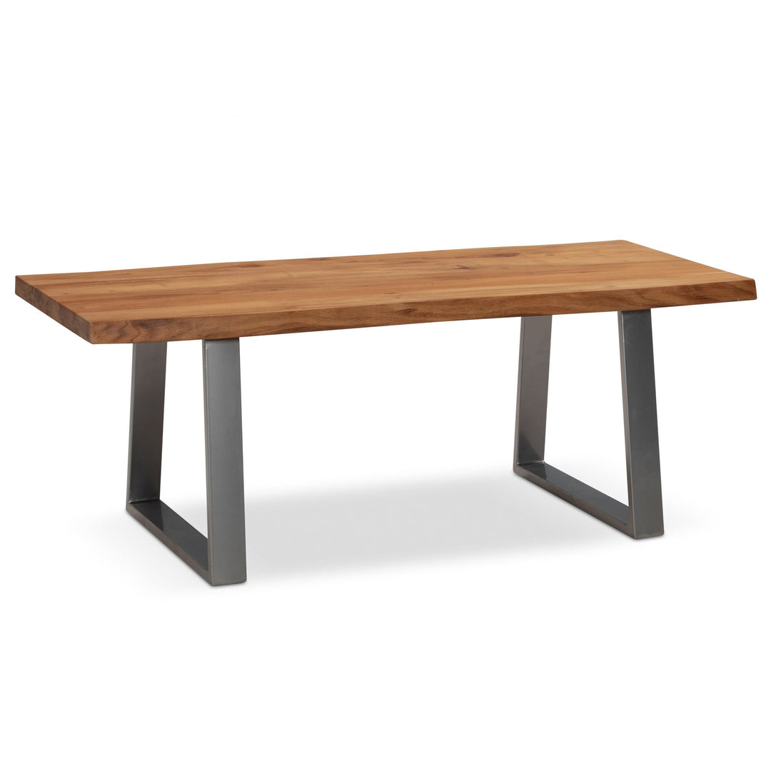 Couchtisch aus Akazie Massivholz mit Metall-Trapezbeinen und Baumkante im Design-Stil