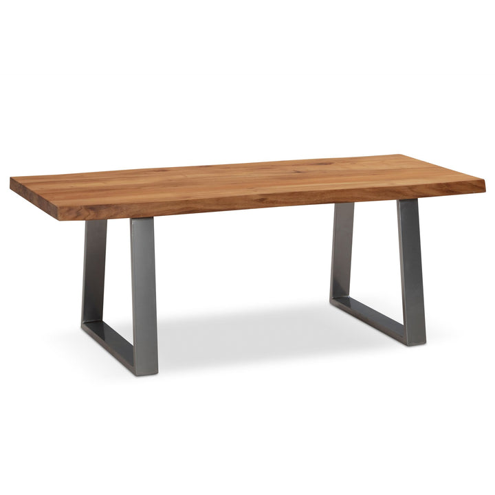 Couchtisch aus Akazie Massivholz mit Metall-Trapezbeinen und Baumkante im Design-Stil
