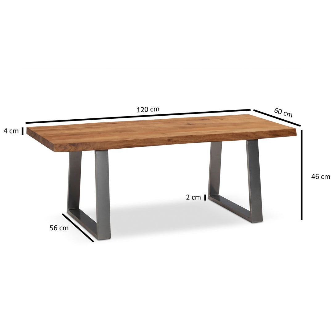 Couchtisch aus Akazie Massivholz mit Metall-Trapezbeinen und Baumkante im Design-Stil