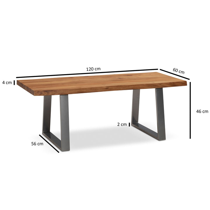 Couchtisch aus Akazie Massivholz mit Metall-Trapezbeinen und Baumkante im Design-Stil