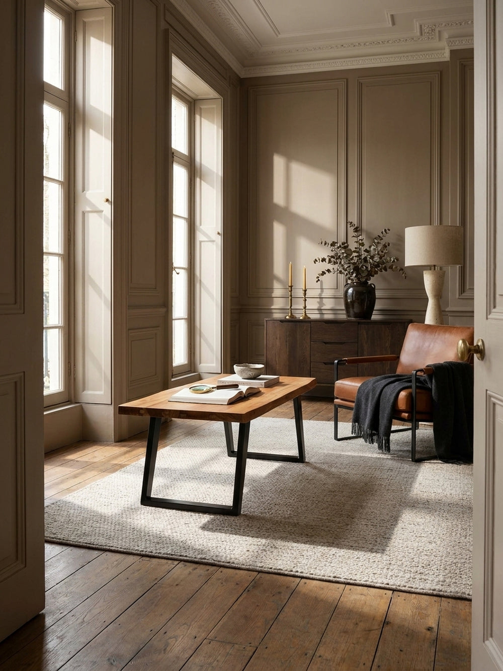 Ein moderner Couchtisch aus Akazienholz mit Baumkante als Mittelpunkt in einem lichtdurchfluteten Wohnzimmer mit Leinensofa und Wollteppich._