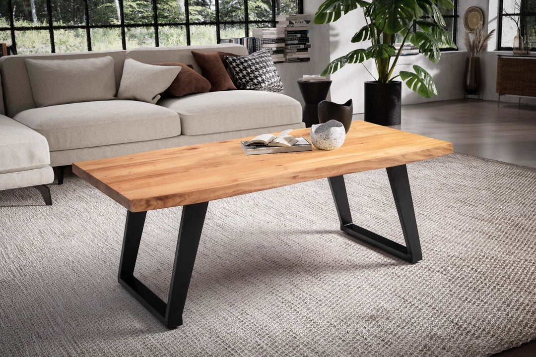 Couchtisch Braun Akazie Massivholz Baumkante 120x60x46 cm, Metallbeine U-Form