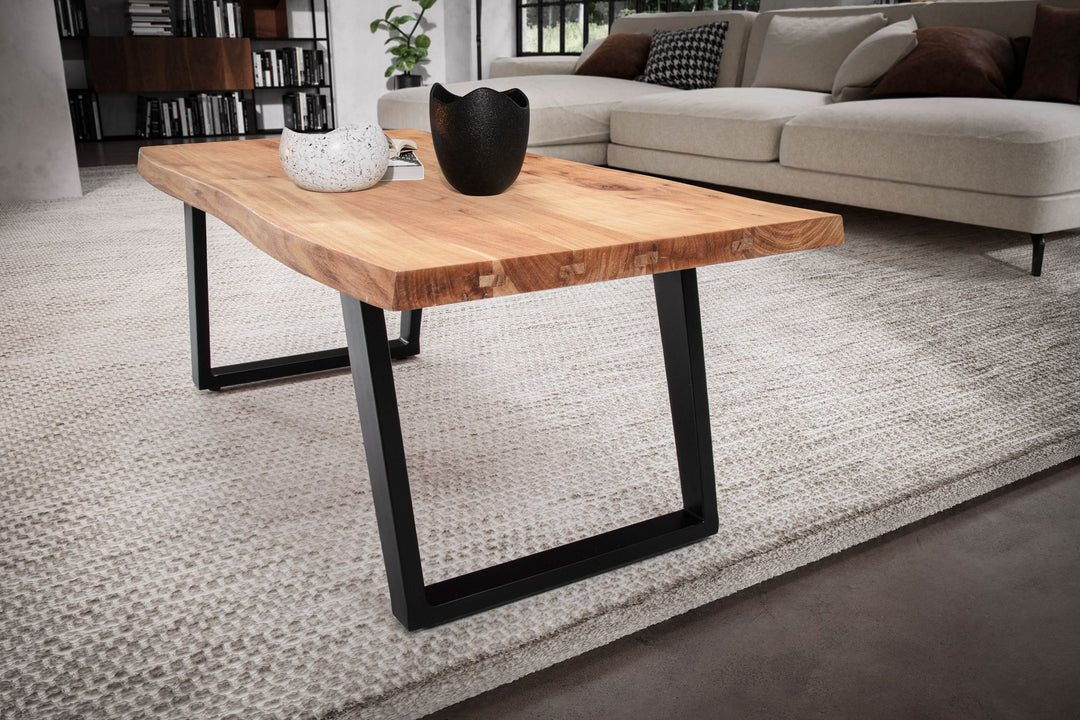 Couchtisch Braun Akazie Massivholz Baumkante 120x60x46 cm, Metallbeine U-Form