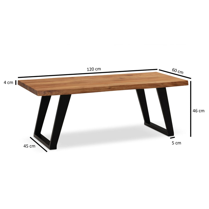 Couchtisch Braun Akazie Massivholz Baumkante 120x60x46 cm, Metallbeine U-Form