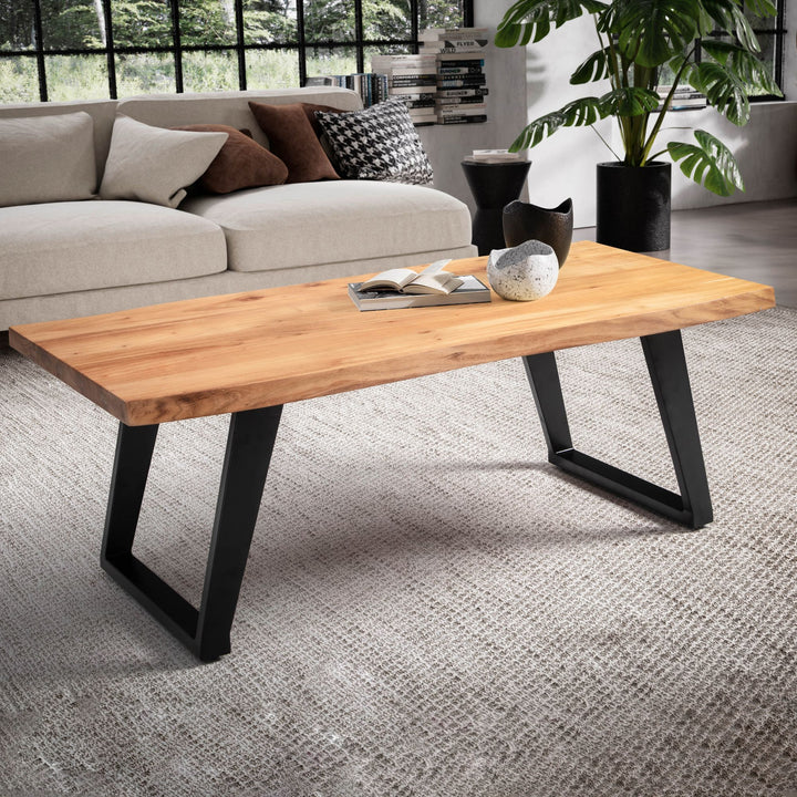 Couchtisch Braun Akazie Massivholz Baumkante 120x60x46 cm, Metallbeine U-Form