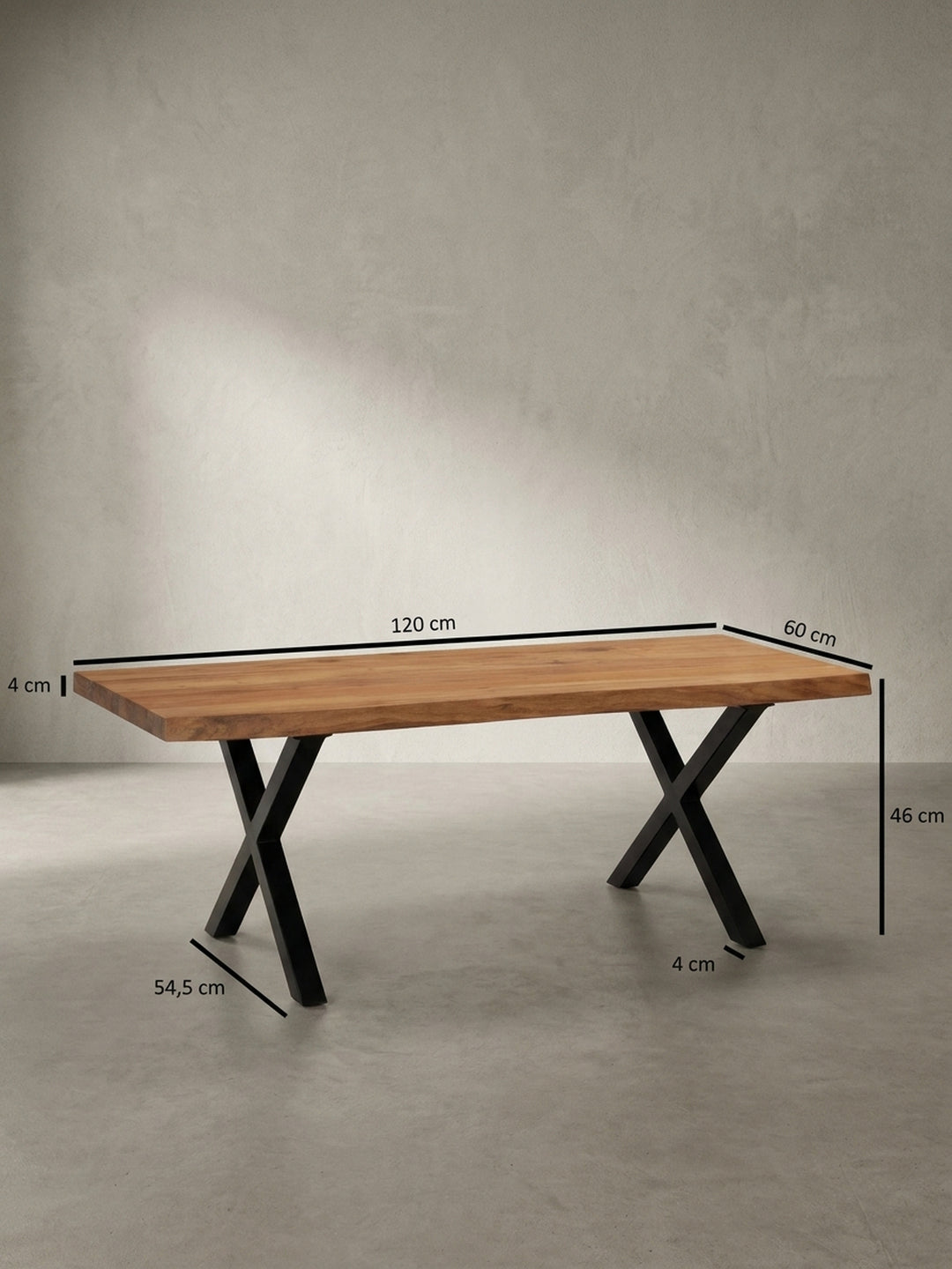 Technisches Maßbild des Couchtischs mit exakten Abmessungen: Breite 120 cm, Tiefe 60 cm und Höhe 46 cm für die Raumplanung._