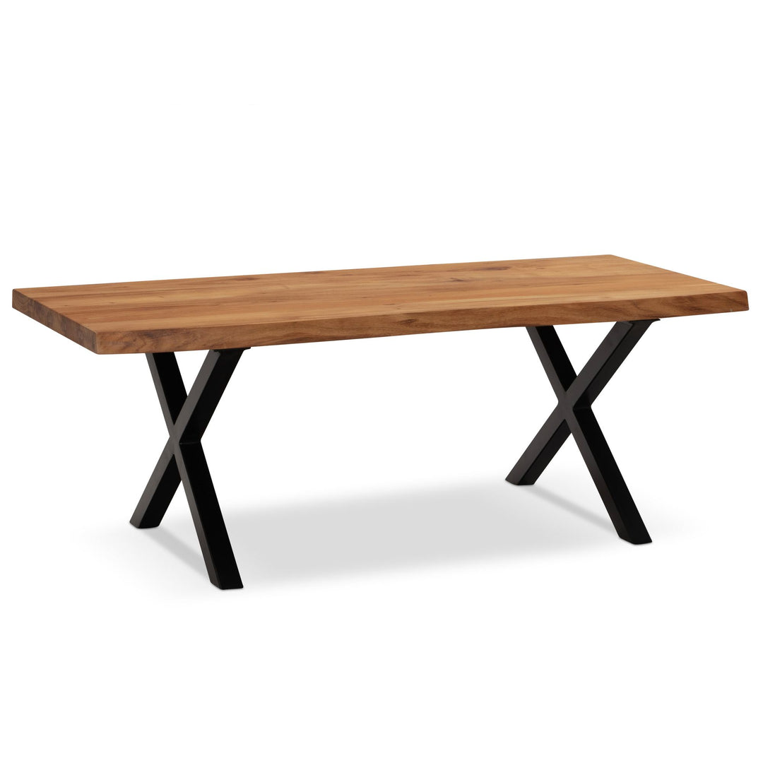 Couchtisch Braun Massivholz Akazie Baumkante 120x60x46cm, Metallbeine X-Form