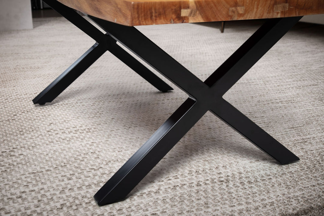 Couchtisch Braun Massivholz Akazie Baumkante 120x60x46cm, Metallbeine X-Form