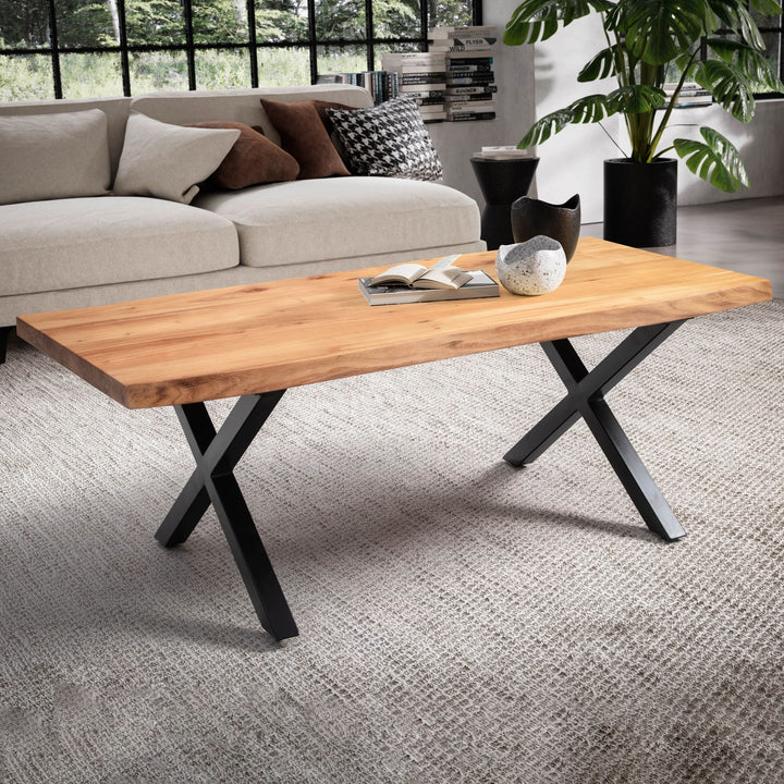 Couchtisch Braun Massivholz Akazie Baumkante 120x60x46cm, Metallbeine X-Form