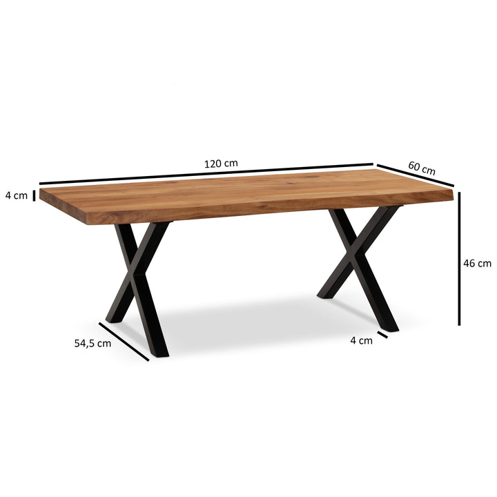 Couchtisch Braun Massivholz Akazie Baumkante 120x60x46cm, Metallbeine X-Form