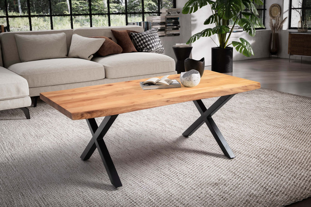 Couchtisch Braun Massivholz Akazie Baumkante 120x60x46cm, Metallbeine X-Form
