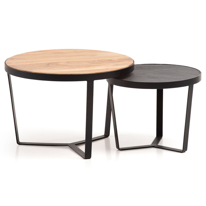 Couchtisch Set rund – Akazie Massivholz, Steinoptik, Metallgestell, Braun-Anthrazit
