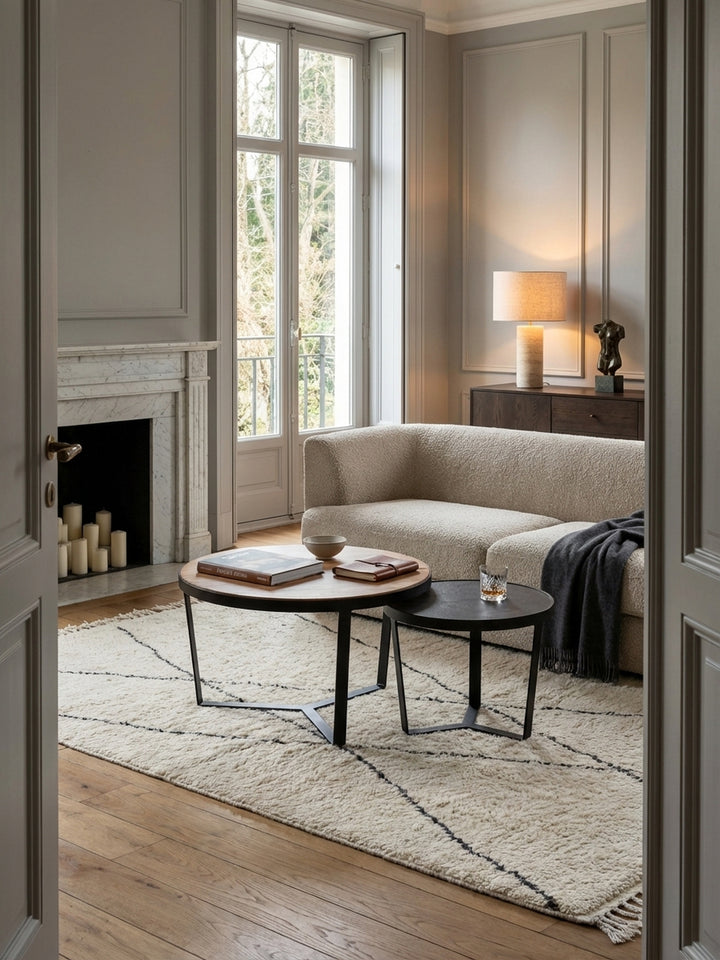 Ein modernes Couchtisch-Set aus Akazienholz und Steinoptik im Zentrum eines hellen Wohnzimmers mit beigem Sofa und flauschigem Beni Mrirt Teppich._