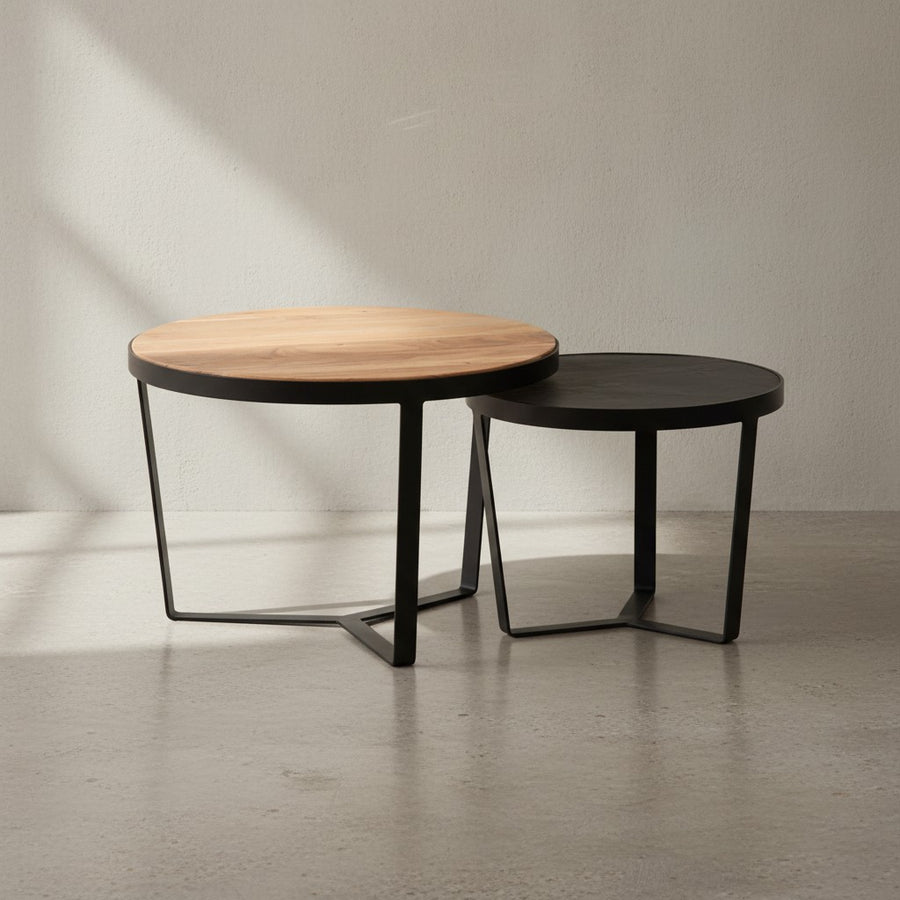Couchtisch 2er Set Akazie Massivholz / Steinoptik Wohnzimmertisch Rund - Satztisch mit Metallgestell - Kaffeetisch Modern - Sofatisch Verschachtelungstisch 2-teilig Braun / Anthrazit_