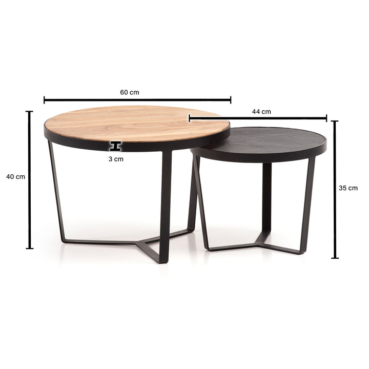 Couchtisch Set rund – Akazie Massivholz, Steinoptik, Metallgestell, Braun-Anthrazit