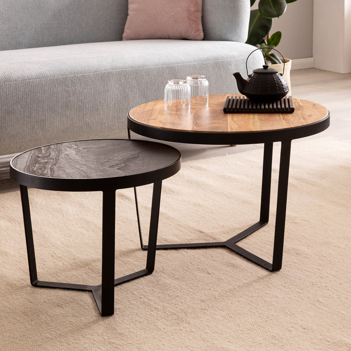 Couchtisch Set rund – Akazie Massivholz, Steinoptik, Metallgestell, Braun-Anthrazit