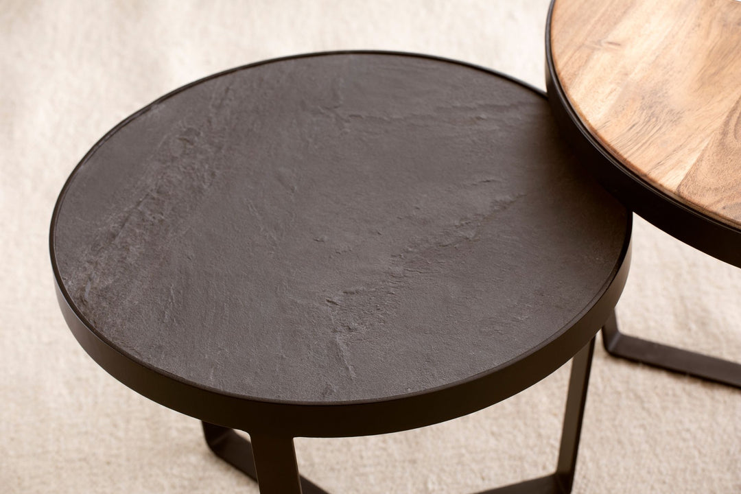 Couchtisch Set rund – Akazie Massivholz, Steinoptik, Metallgestell, Braun-Anthrazit