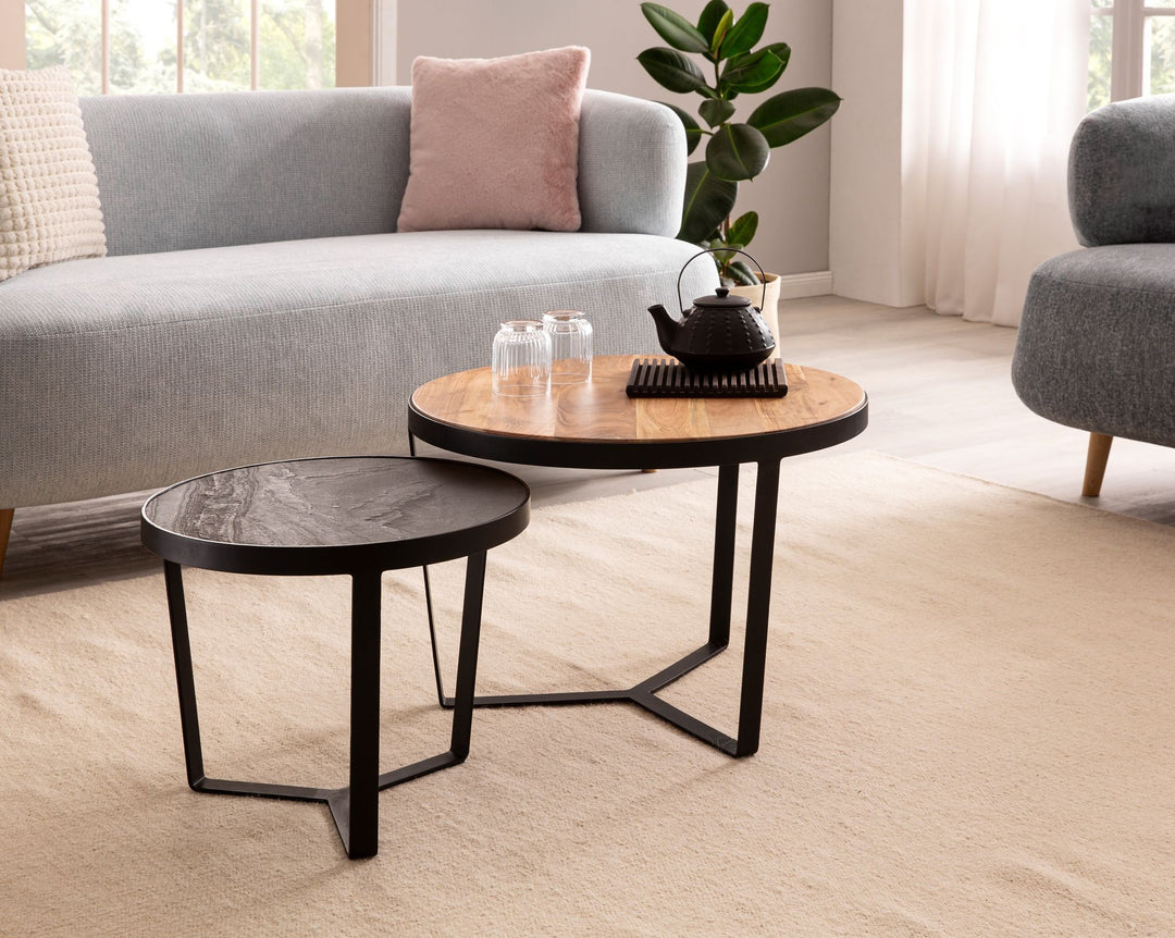 Couchtisch Set rund – Akazie Massivholz, Steinoptik, Metallgestell, Braun-Anthrazit