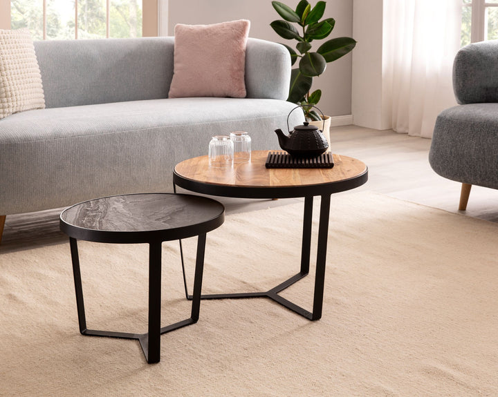 Couchtisch Set rund – Akazie Massivholz, Steinoptik, Metallgestell, Braun-Anthrazit