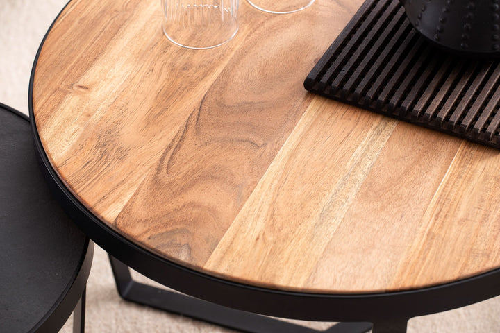 Couchtisch Set rund – Akazie Massivholz, Steinoptik, Metallgestell, Braun-Anthrazit