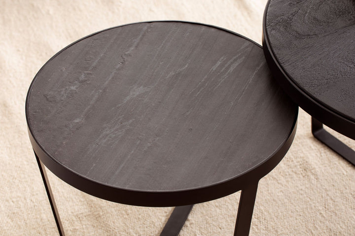Couchtisch Set – 2-teilig Rund Akazie Massivholz Steinoptik Metall Schwarz Anthrazit