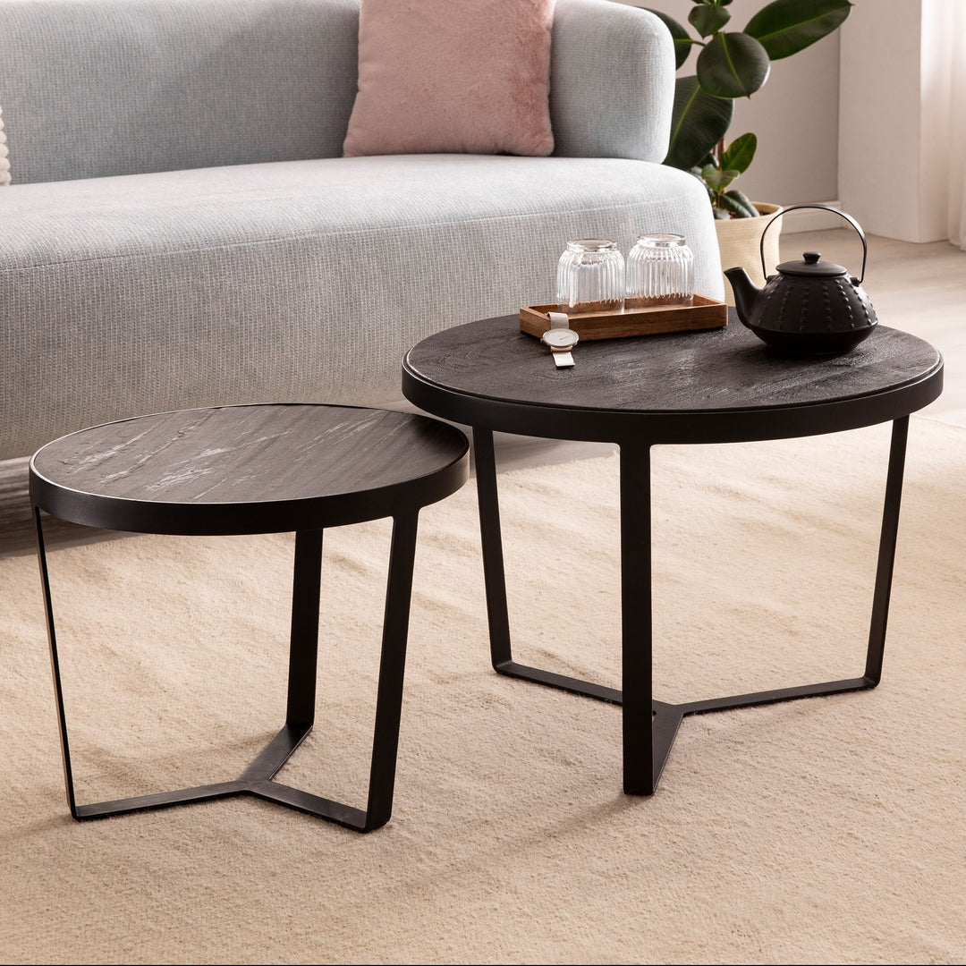 Couchtisch Set – 2-teilig Rund Akazie Massivholz Steinoptik Metall Schwarz Anthrazit