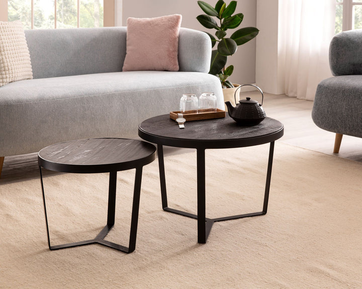 Couchtisch Set – 2-teilig Rund Akazie Massivholz Steinoptik Metall Schwarz Anthrazit