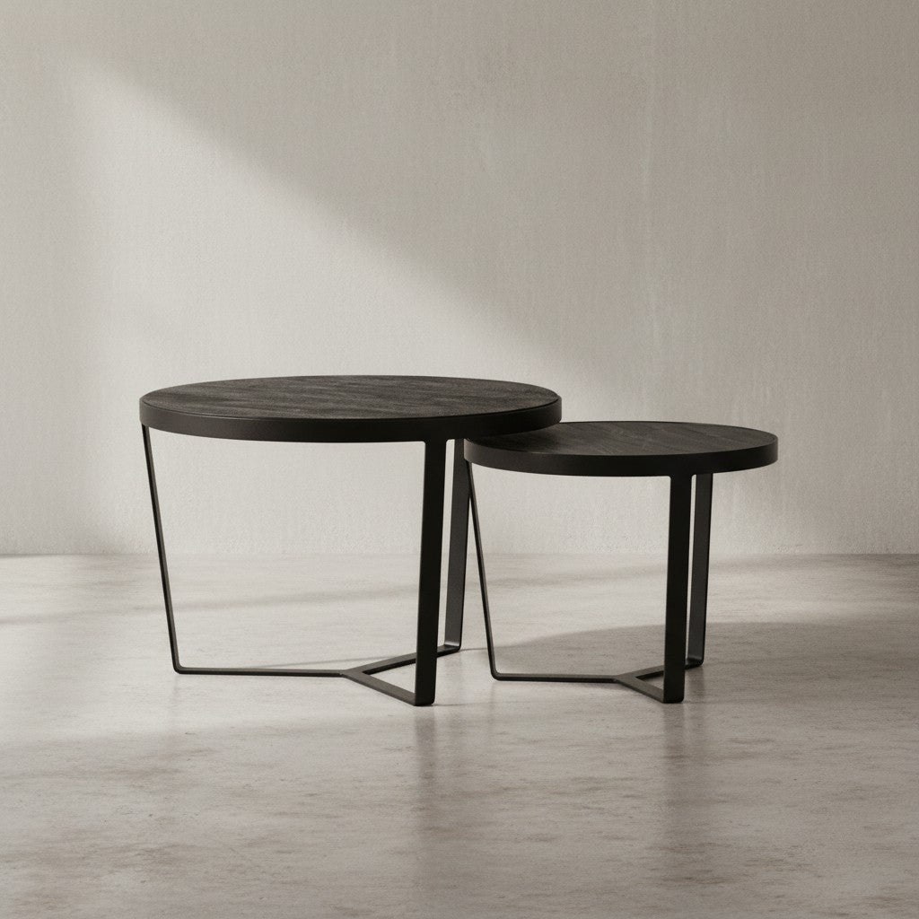Couchtisch 2er Set Akazie Massivholz / Steinoptik Wohnzimmertisch Rund - Satztisch mit Metallgestell - Kaffeetisch Modern - Sofatisch Verschachtelungstisch 2-teilig Schwarz / Anthrazit_