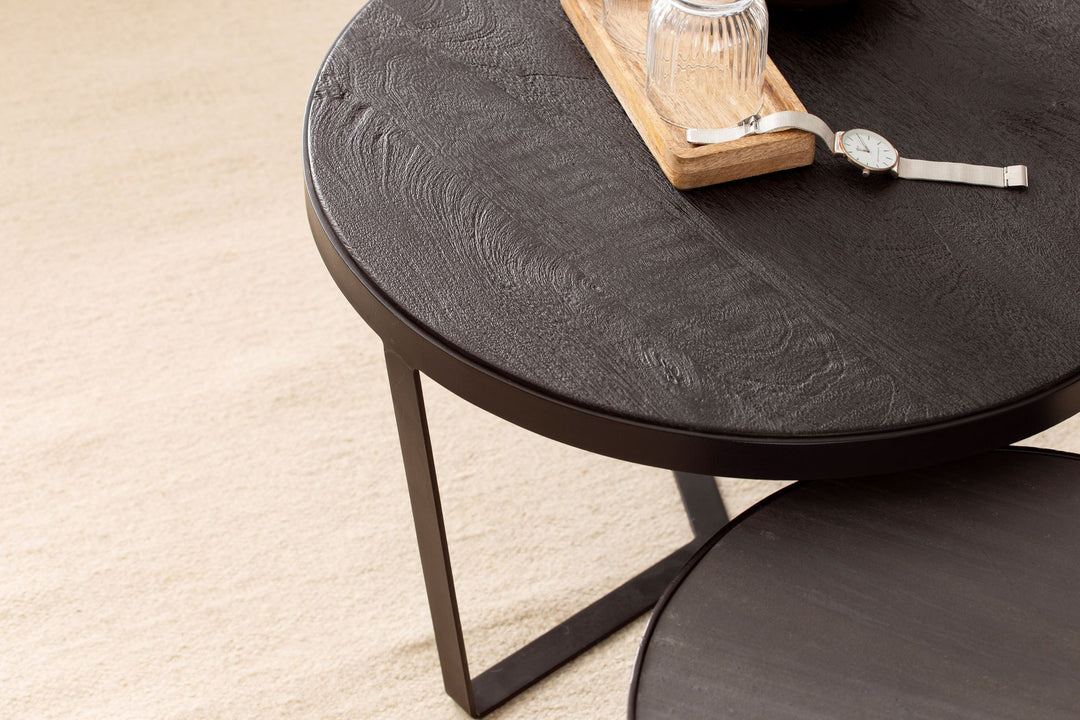 Couchtisch Set – 2-teilig Rund Akazie Massivholz Steinoptik Metall Schwarz Anthrazit