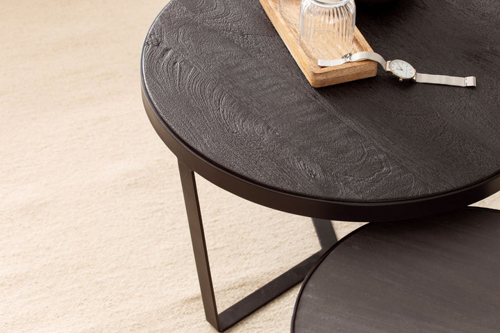 Couchtisch Set – 2-teilig Rund Akazie Massivholz Steinoptik Metall Schwarz Anthrazit
